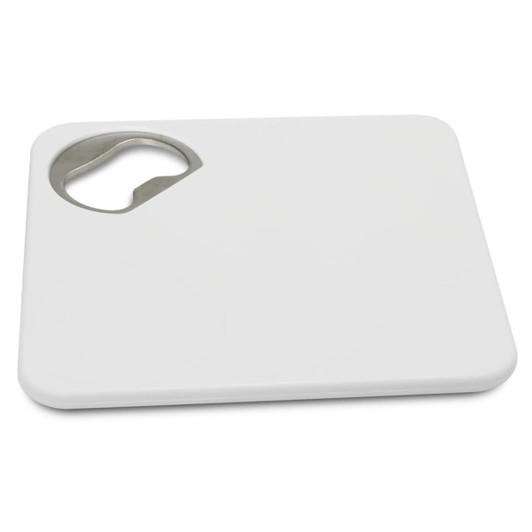 A drink bottle opener in white, designed as a square coaster with a built-in bottle opener and a logo.
