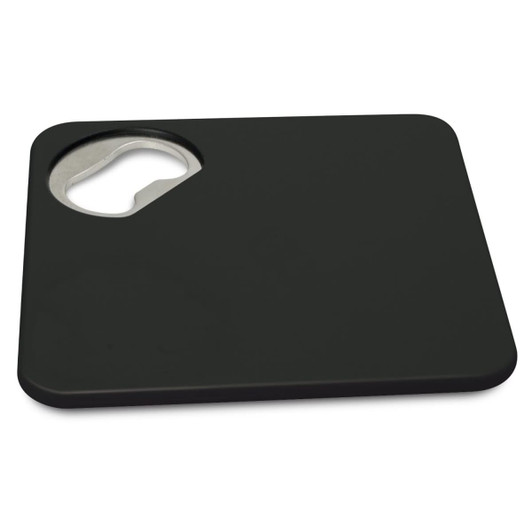 A drink bottle opener designed as a coaster, featuring a sleek black surface with a metal bottle opener cutout.