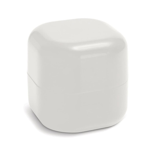 A white, rounded square lip balm container with a glossy finish and a simple design. It features a logo on the surface.