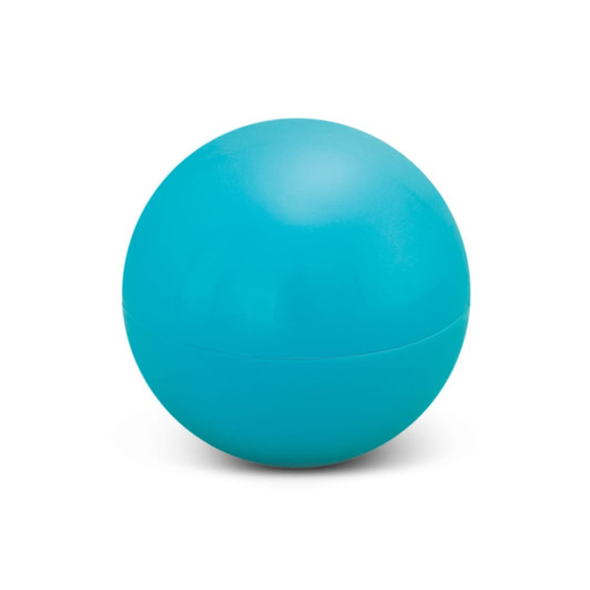 A teal spherical lip balm container with a smooth exterior, designed for easy carrying and application.