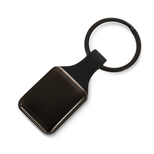 A sleek black square key ring featuring a smooth, glossy surface and a sturdy metal ring for attachment.