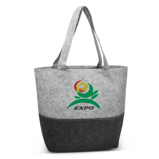A grey and dark grey tote bag with handles and a logo on the front.