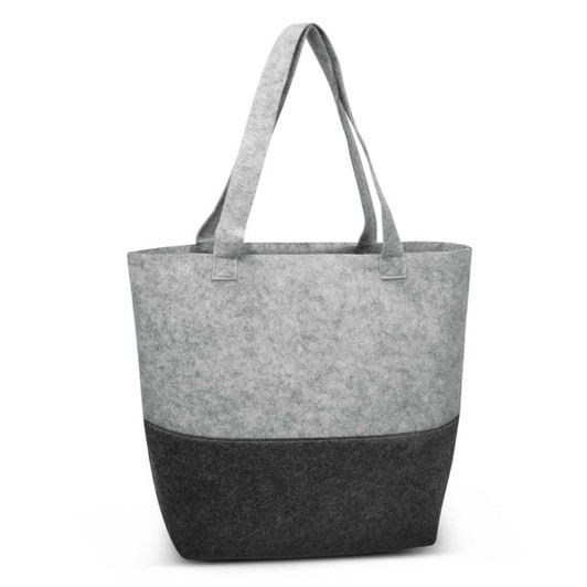 A grey and dark grey felt tote bag with two sturdy handles and a simple design. Features a branded logo.