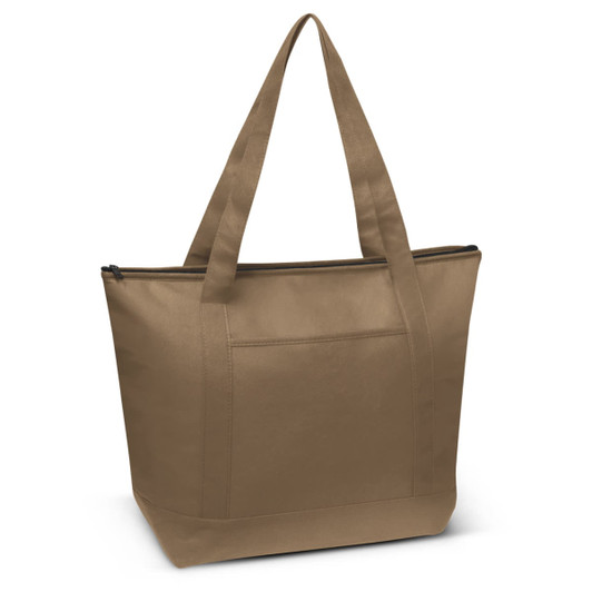 A tan cooler bag with two tote handles and a zip closure, featuring a front pocket and branding.