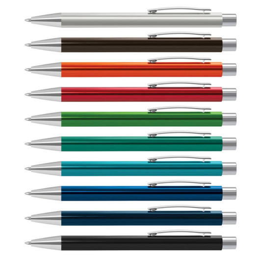 A collection of Lancer metal pens in various colours, featuring silver accents and clips, arranged in a row.