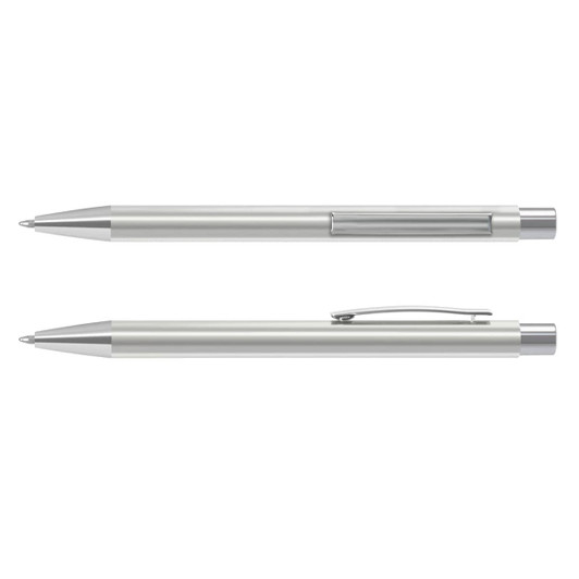 A silver metal pen with a sleek design and a clip, featuring a transparent section on the barrel.