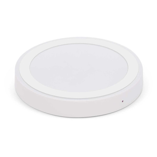 A wireless charger in a sleek, round design with a smooth white finish. The charger features an LED indicator light.