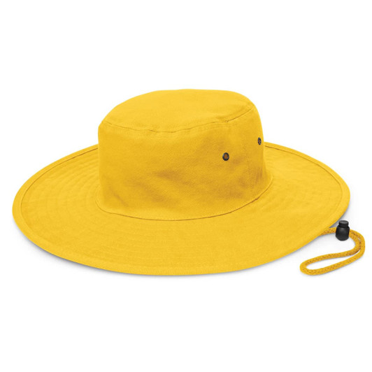 A yellow wide-brim hat with a drawstring, featuring a simple design and air vents.