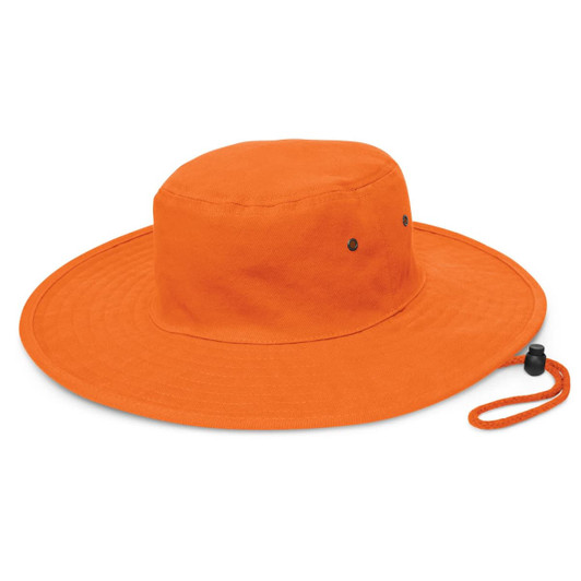 A Cabana Wide Brim Hat in bright orange with a large, round brim and a chin strap.