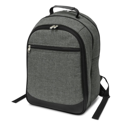 A grey backpack with a smooth black base, featuring zippers and a top handle, has a logo on the front.