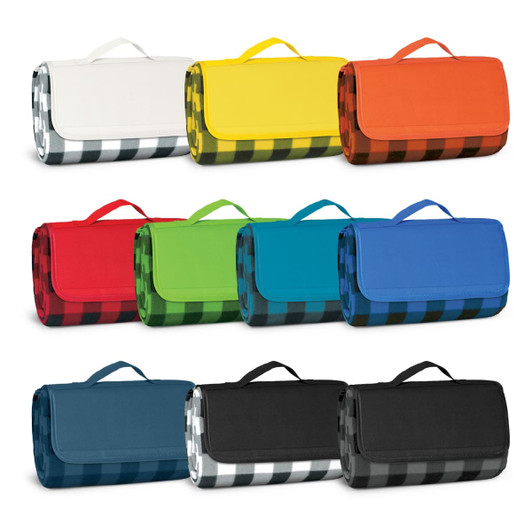 Variety of Alfresco Picnic Blankets in multiple colours, including white, yellow, orange, red, green, blue, and black, with handles.