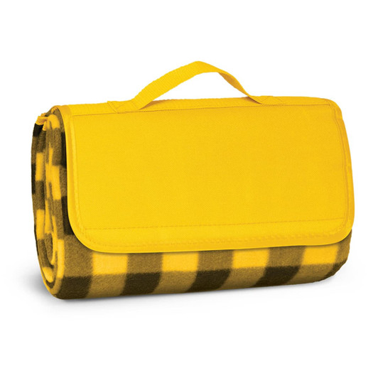 A rolled picnic blanket in yellow and black check pattern, featuring a handle for easy transport.