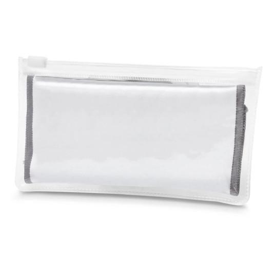 A transparent pouch containing a grey cleaning cloth for screens, suitable for phones and technology.