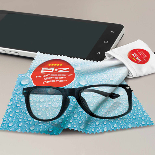 A screen cleaner cloth with water droplets in blue, alongside a pair of black glasses and a smartphone.