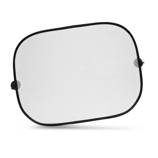 A two-panel car sunshade set in black and white design, featuring a soft fabric surface and round suction cups.