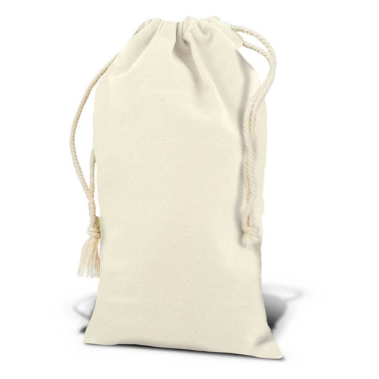 A cream-coloured cotton gift bag with a drawstring closure, featuring a simple, unbranded design.