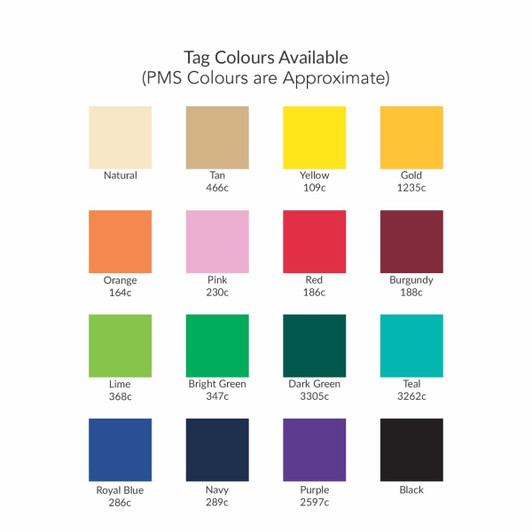 A colour chart featuring various shades, including natural, tan, yellow, gold, orange, red, burgundy, and more.