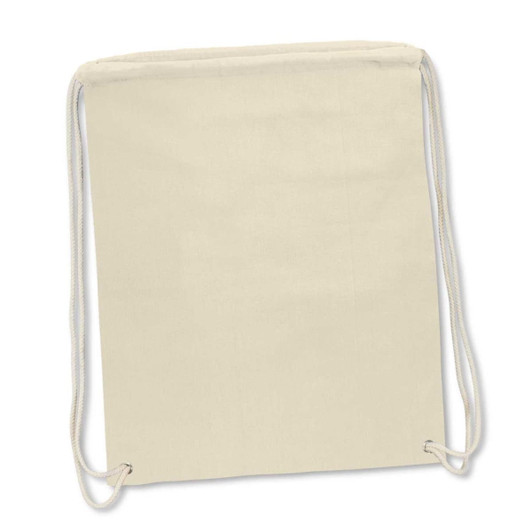 A beige cotton drawstring backpack with matching drawstrings and a logo.