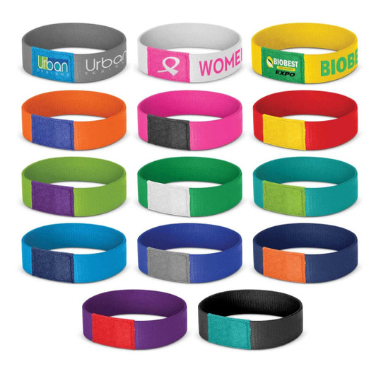 A set of multicoloured wristbands, featuring various designs and a logo on some, arranged in a grid layout.
