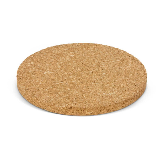 A round cork coaster in a natural light brown colour with a textured surface and a slight thickness.
