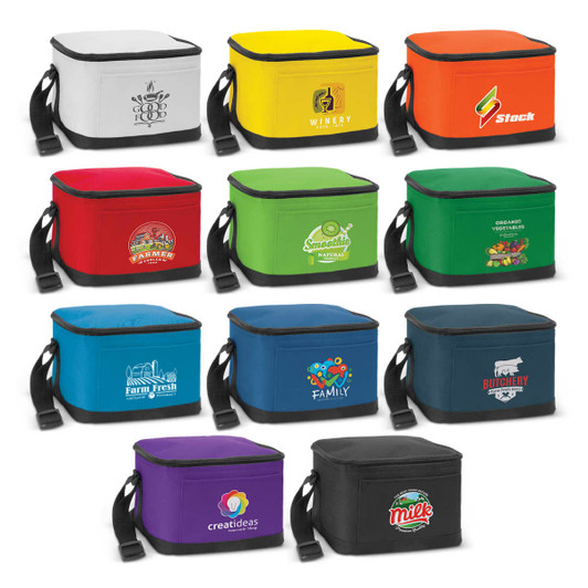 A collection of vibrant cooler bags in various colours, each featuring unique designs and logos.