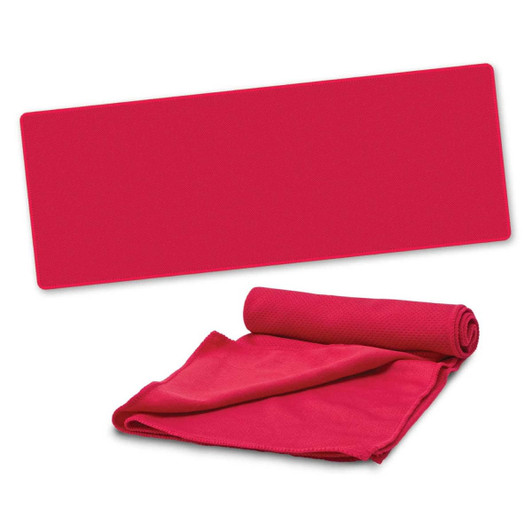 A vibrant red cooling towel and rolled towel, both designed for leisure and outdoor activities.