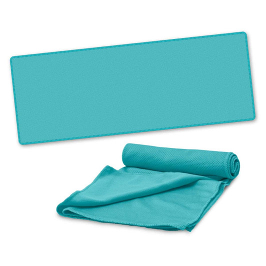 A cooling towel in turquoise, rolled up and laid out flat, featuring a logo on the side.