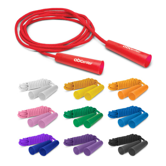 A skipping rope with red handles and various coloured rope options in the background, each with matching grips.