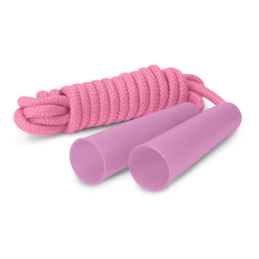 A pink skipping rope with soft handles, featuring a coiled rope design and a smooth finish.