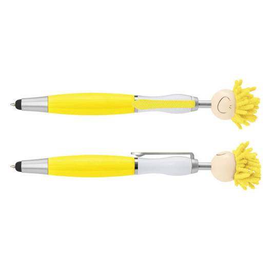 A yellow pen with a smiling head and mop-like hair at the top, featuring a silver clip and accents.