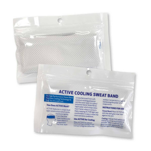 A white active cooling sweat band packaged in a clear plastic bag with a logo.