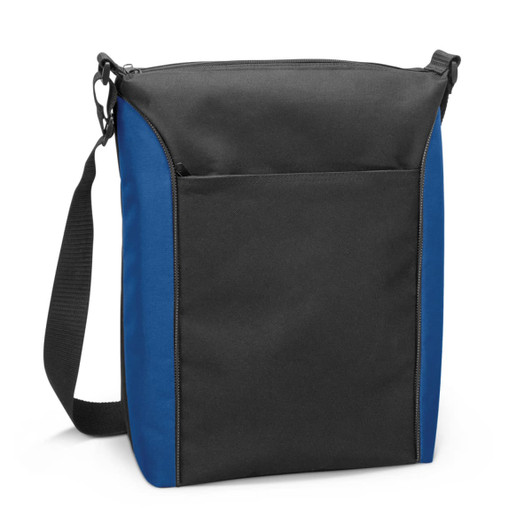 A black and blue cooler bag with a shoulder strap and a front pocket. It features a logo on the side.