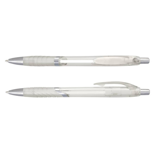 A set of translucent plastic pens in clear and silver, featuring a ribbed grip and a clip.
