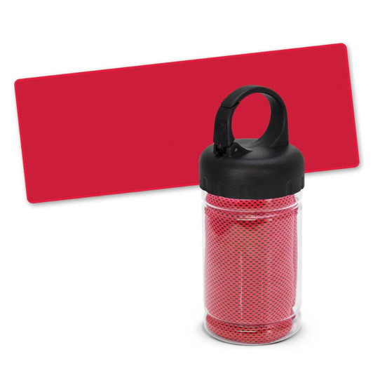 A red cooling towel stored inside a transparent tube with a black lid, featuring a hanging loop.