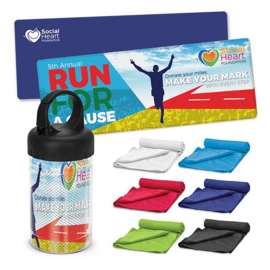 An assortment of cooling towels in various colours and a drink bottle with a branded logo.