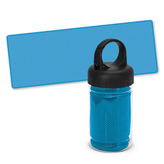 A transparent tube containing a blue cooling towel with a black lid and handle, set against a blue background.