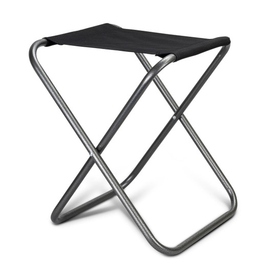 A folding stool with a black fabric seat and a lightweight metallic frame.