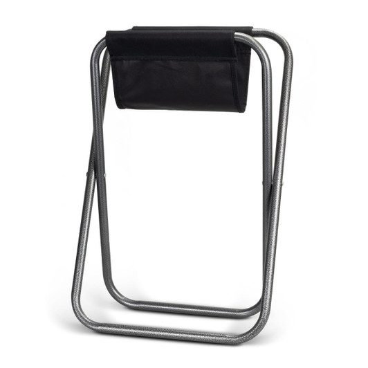 A folding stool with a black canvas seat and a sturdy metallic frame, designed for portability and ease of storage.