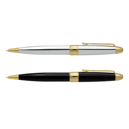A set of Pierre Cardin Montfort metal pens in silver and black, featuring gold accents and a logo.