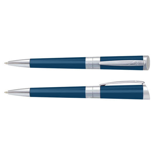 A metal pen set in a deep blue shade with silver accents and a sleek design, featuring a logo.