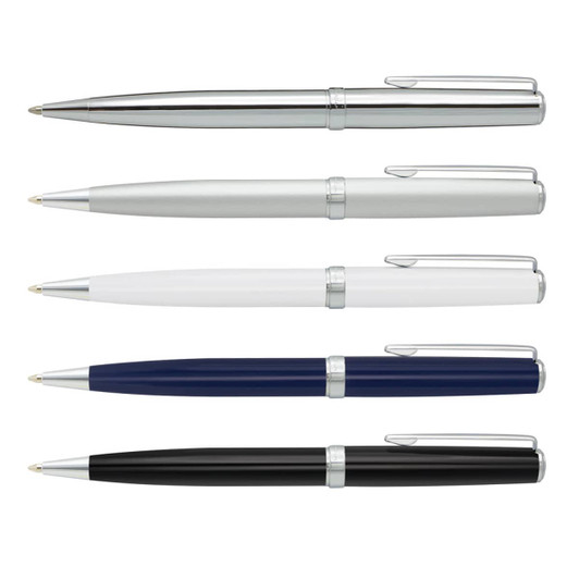 A collection of five metal pens in silver, white, navy blue, and black, featuring a branded logo.