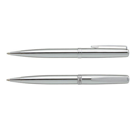 A set of two silver metal pens with smooth finishes and clips, featuring branding on the barrel.