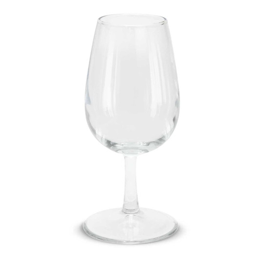 A clear wine glass with a rounded bowl and a slender stem, designed for tasting wine.