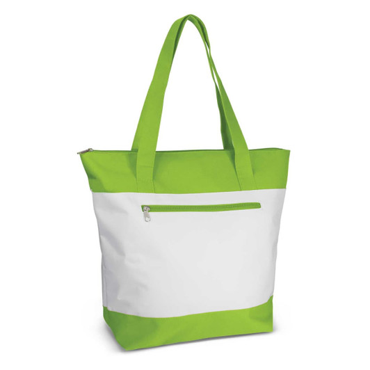A green and white tote bag with a zippered front pocket and two shoulder straps, featuring a logo.