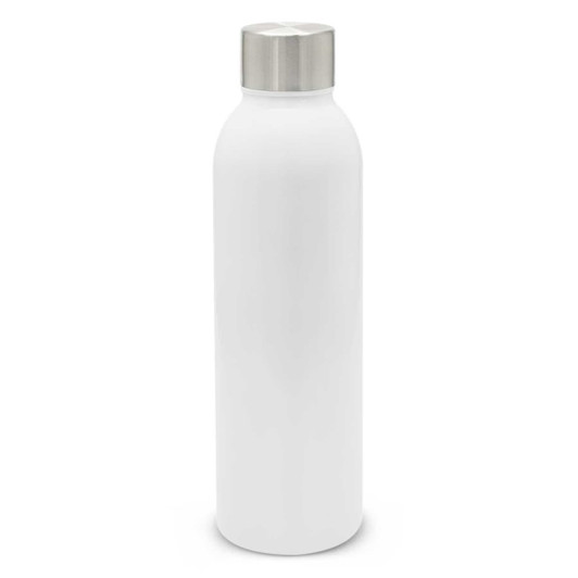 A drink bottle in white with a stainless steel cap and a simple design, featuring a logo.