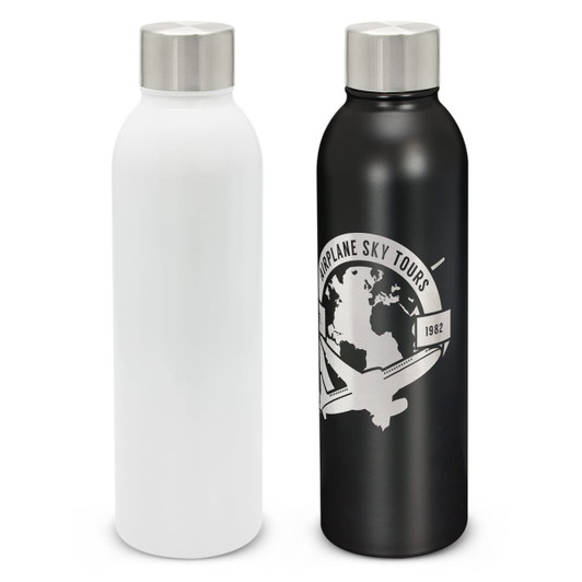 A drink bottle set featuring a white and a black vacuum bottle, both with stainless steel lids and branding.
