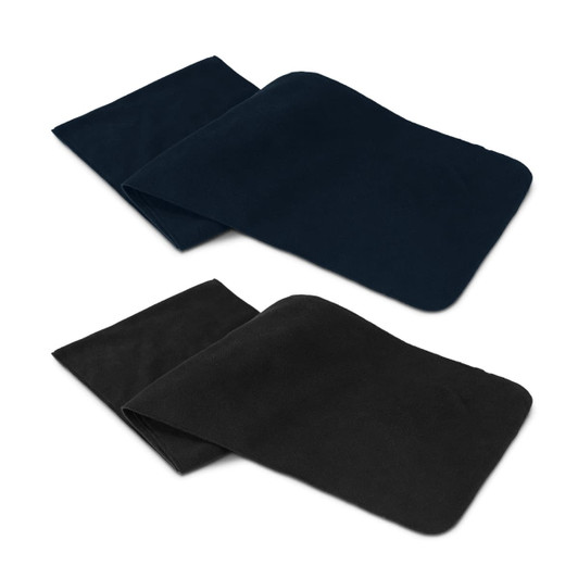 A fleece scarf set featuring a navy blue scarf and a black scarf, both with a soft texture and a simple design.