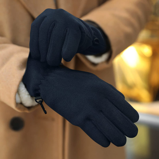 Fleece gloves in black, featuring a snug fit and adjustable wrist closure, suitable for cold weather.