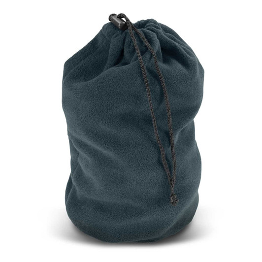 A dark green polar fleece drawstring bag with a cinched top and adjustable cord. It features a logo.