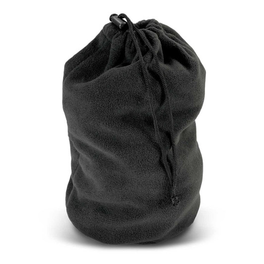 A black polar fleece drawstring bag with a cinched top and toggle closure. Includes a logo.